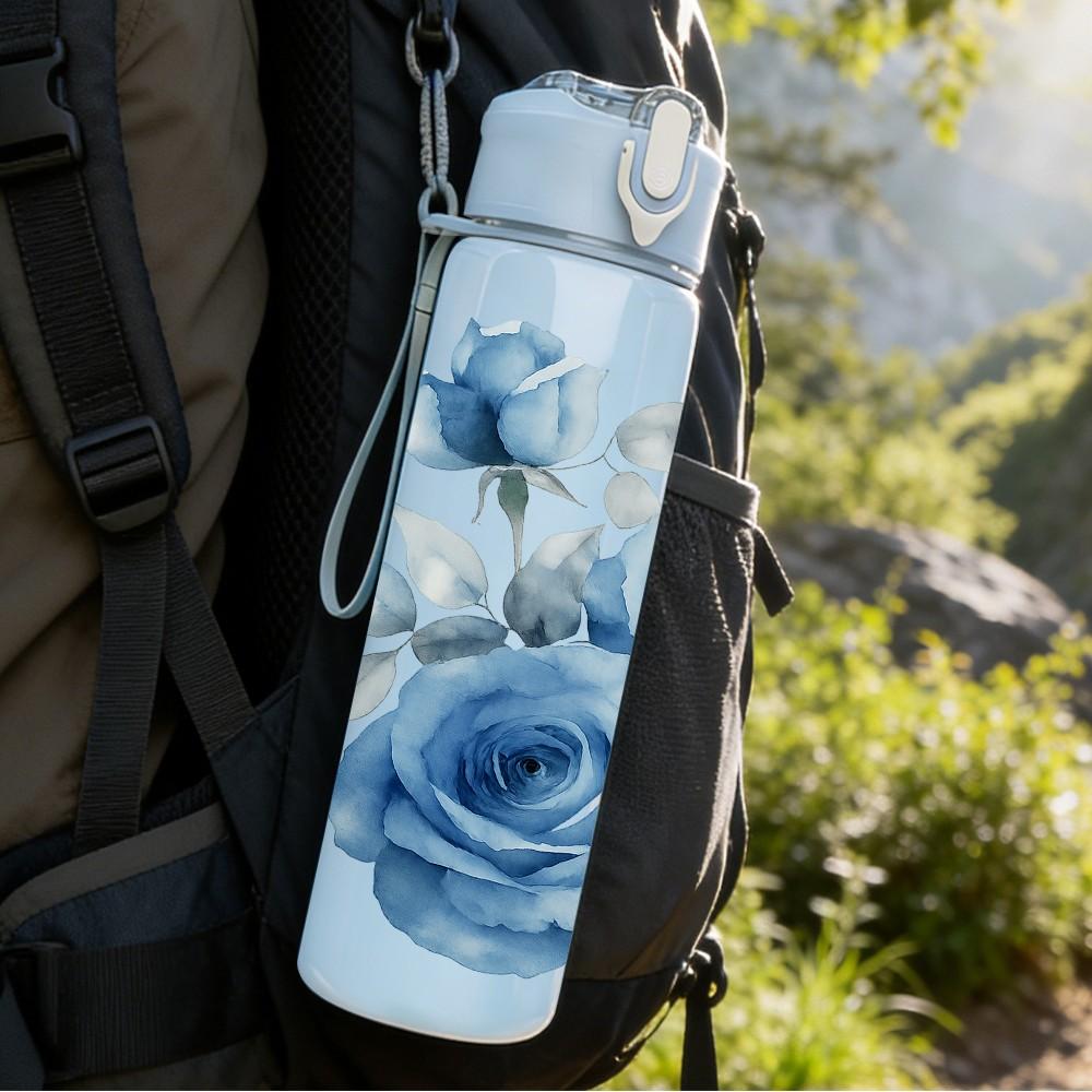 1PC Soft Blue Rose Floral Art Print 750ml Color Plastic Sports Water Bottle Leakproof Flip Straw Lid Suitable for Sports Office Home Use