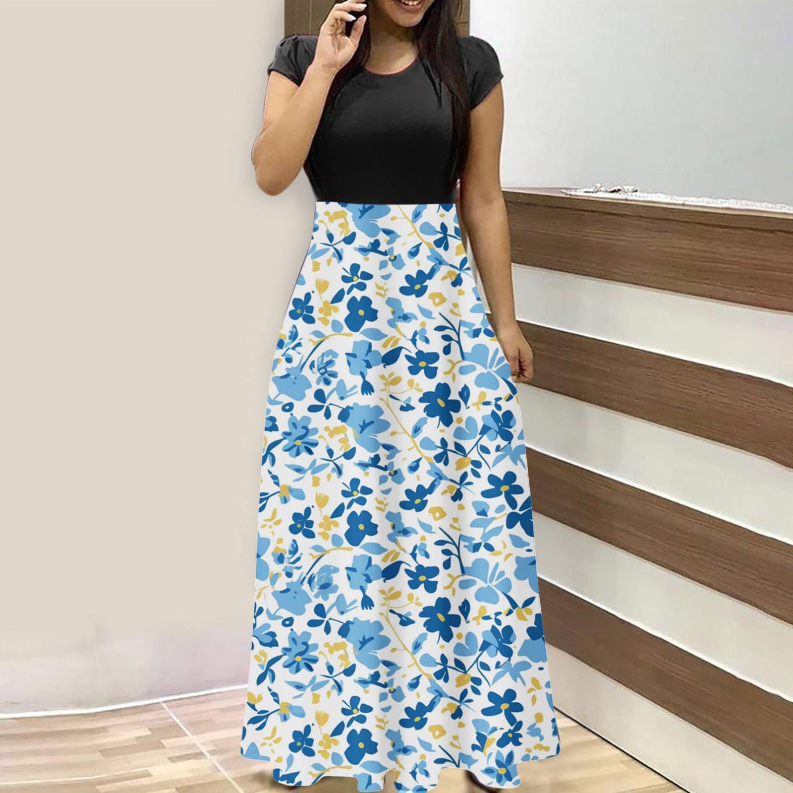 

Женская мода повседневные свободные принтованные платья с круглым вырезом и коротким рукавом длинные платья с коротким рукавом длинные платья XL небесно-голубой