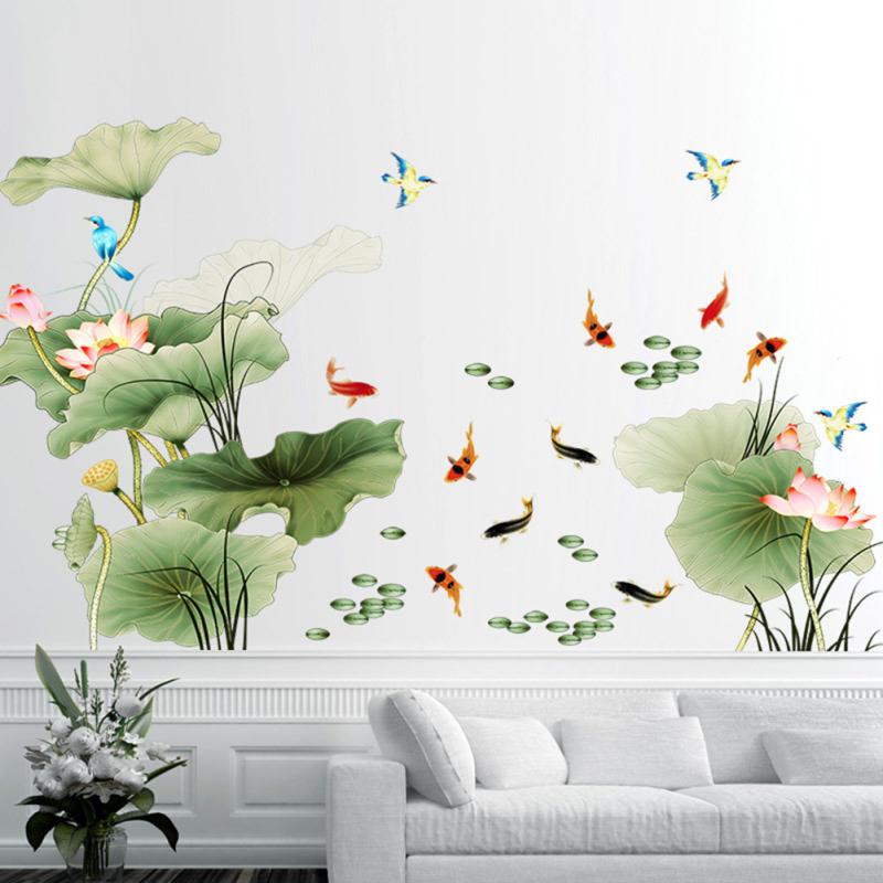 Pvc Lotus Carp Flying Bird Wall  Stickers Chinese Style Vinyl Wall Self-adhesive Wallpaper Bedroom