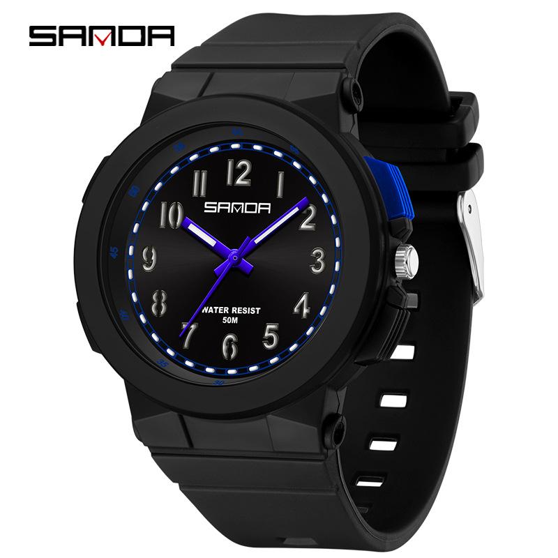 SANDA Unisex Korean Style Waterproof Sports Watch with Seven-Color Lights and Quartz Movement for Students