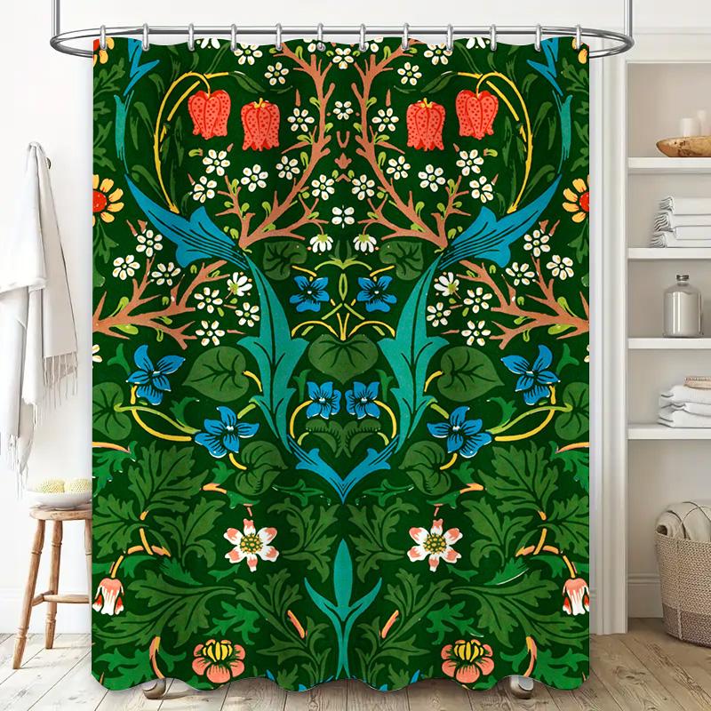 Unique Artistic Shower Curtain Waterproof Decorative for Bathroom Fabric Customized Size Floral Design Green Blue Yellow Orange