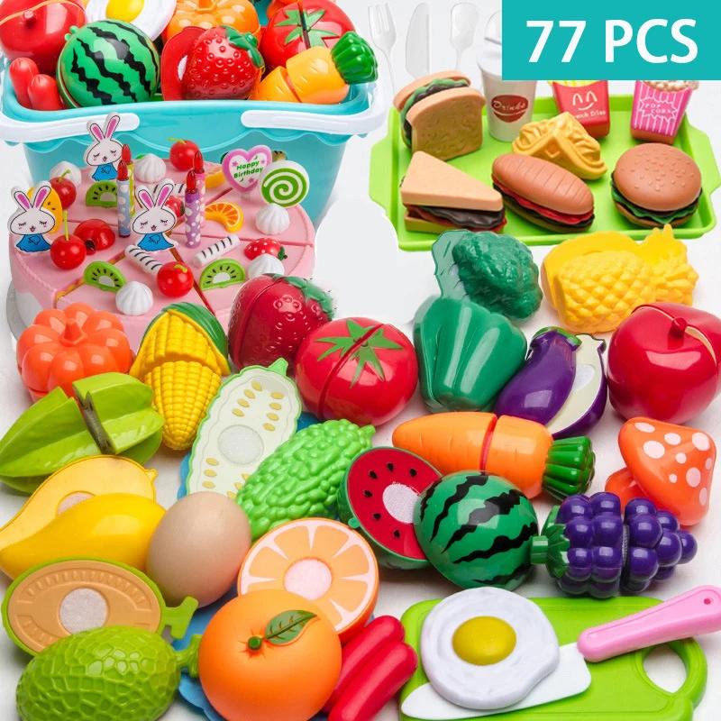 Non-Toxic Educational Toy Plastic Kitchen Toy Set Cut Fruit Vegetable Pizza Food Play House Simulation Toys Pretend Play Kids Toys Gifts