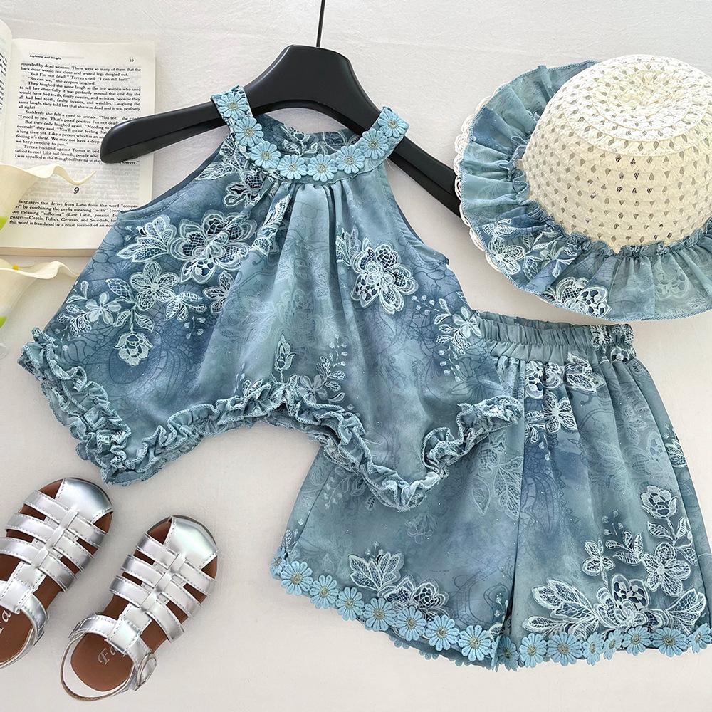 Girls Summer Floral Bow Backless Irregular Top And Shorts Set Stylish Two Piece Outfit For Kids