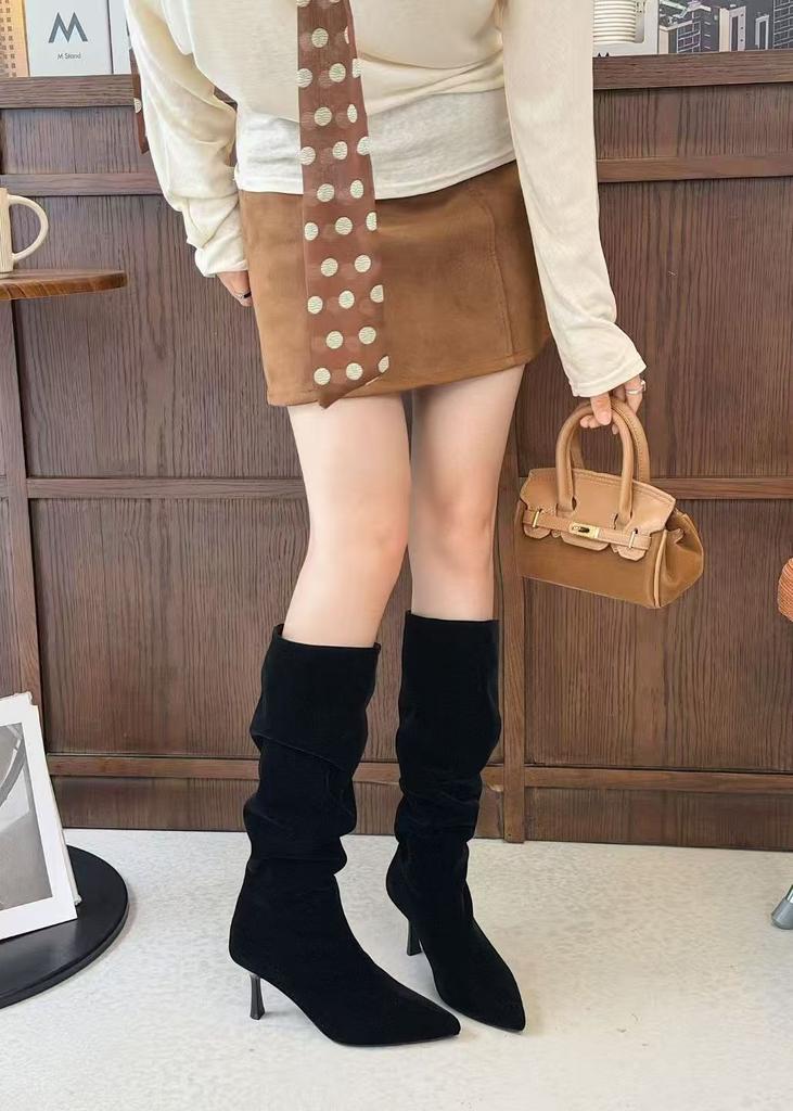 Autumn and winter pointed-toed thin-heeled long-tube sheepskin Maillard stacked medium boots