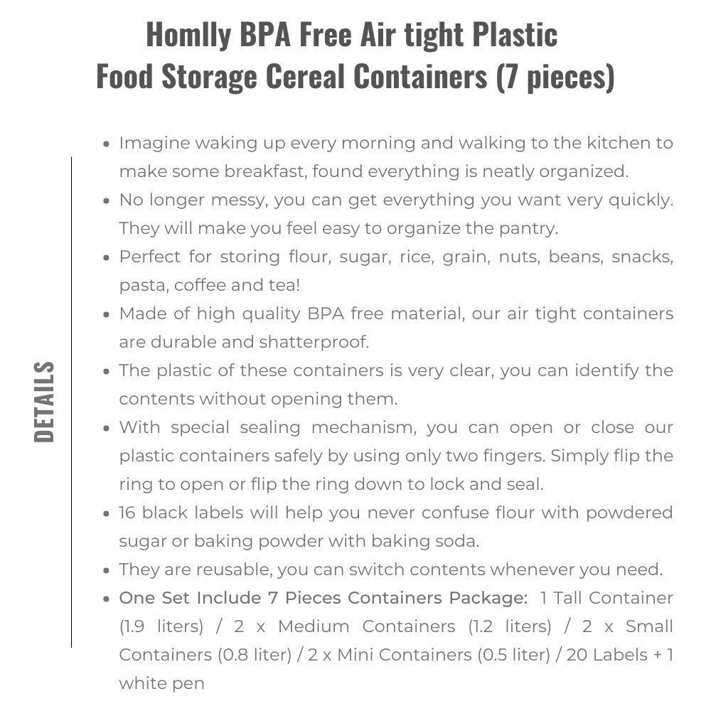 Homlly Uno 7 pieces BPA Free Air Tight Food Cookie Storage Cereal  Plastic Containers Set (Free Label Stickers)