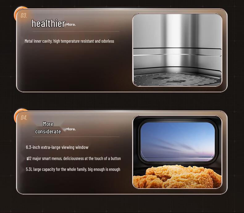 Midea MF-KZC5394 Dual Heat Flame Roast Air Fryer - No Flipping Needed, Large Capacity, with Visible Cooking.