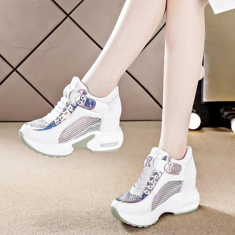 New Ladies Sneakers Spring Sequin Casual Women's Platform High Heels Wedge Heel Heightening Knitted Ladies Vulcanized Shoes