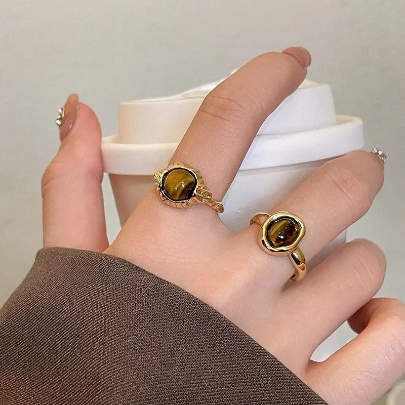 Irregular Round Personalized Vintage Brown Tiger Eye Stone Open Ring For Women Finger Ring Design Sense High End Jewelry Gift