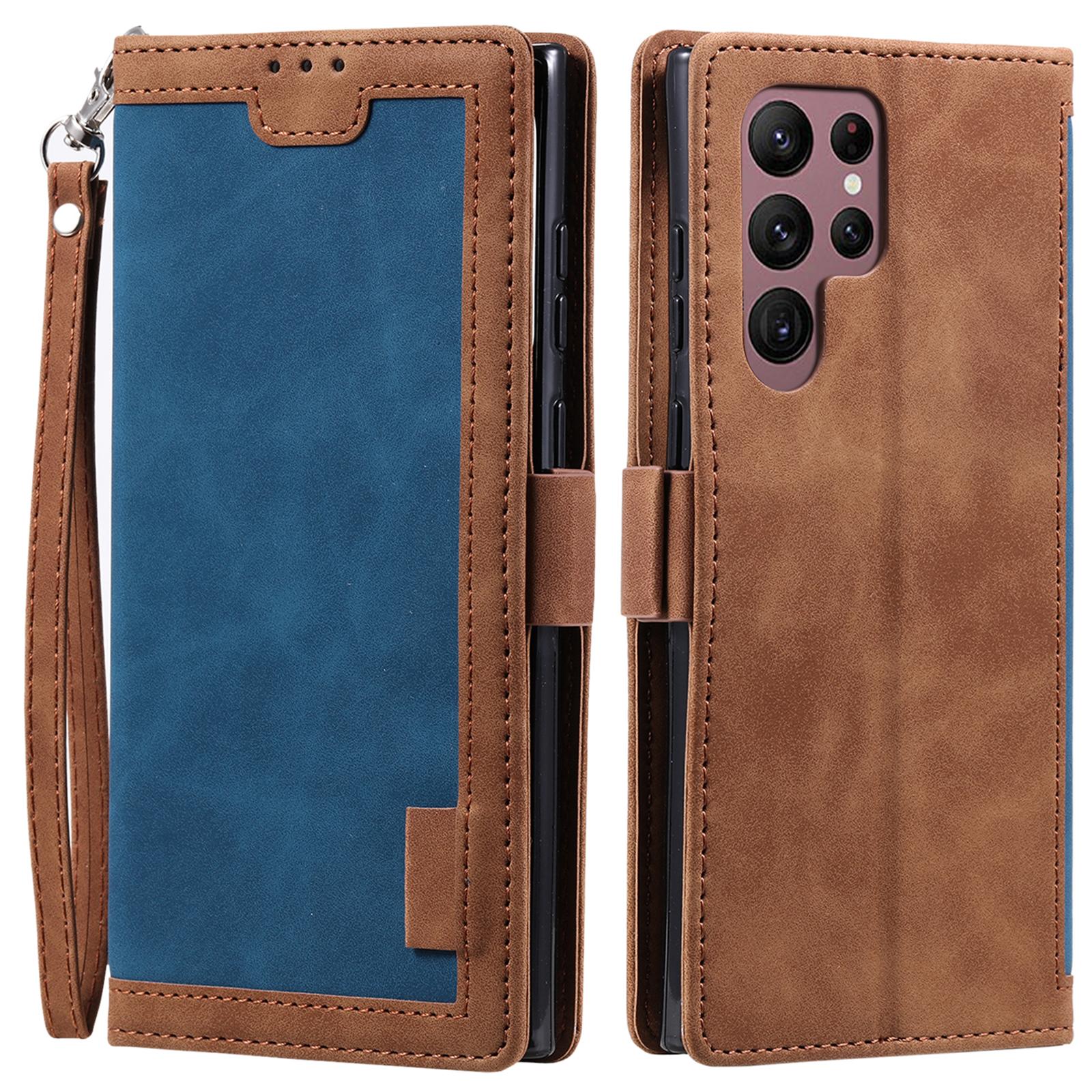 

For Samsung Galaxy S24 Ultra Leather Case Retro Splicing Phone Cover with Strap Blue