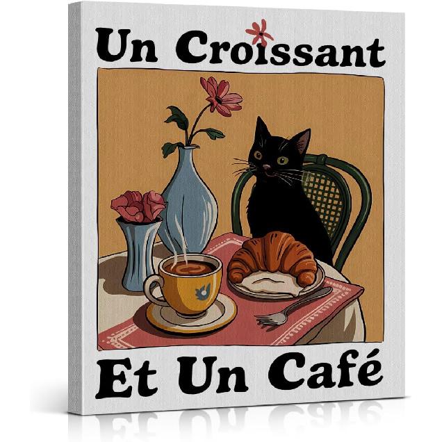 Coffee Cat Kitchen Canvas Wall Art More Espresso Less Depresso Black Cat Poster Print Wall Decor Cats Coffee Painting for Home Kitchen Dining Room