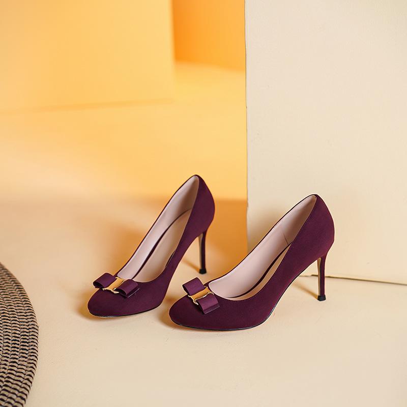 Suede not tired feet French round head bow stiletto high heels 2025 new commuter shallow mouth work single shoes women