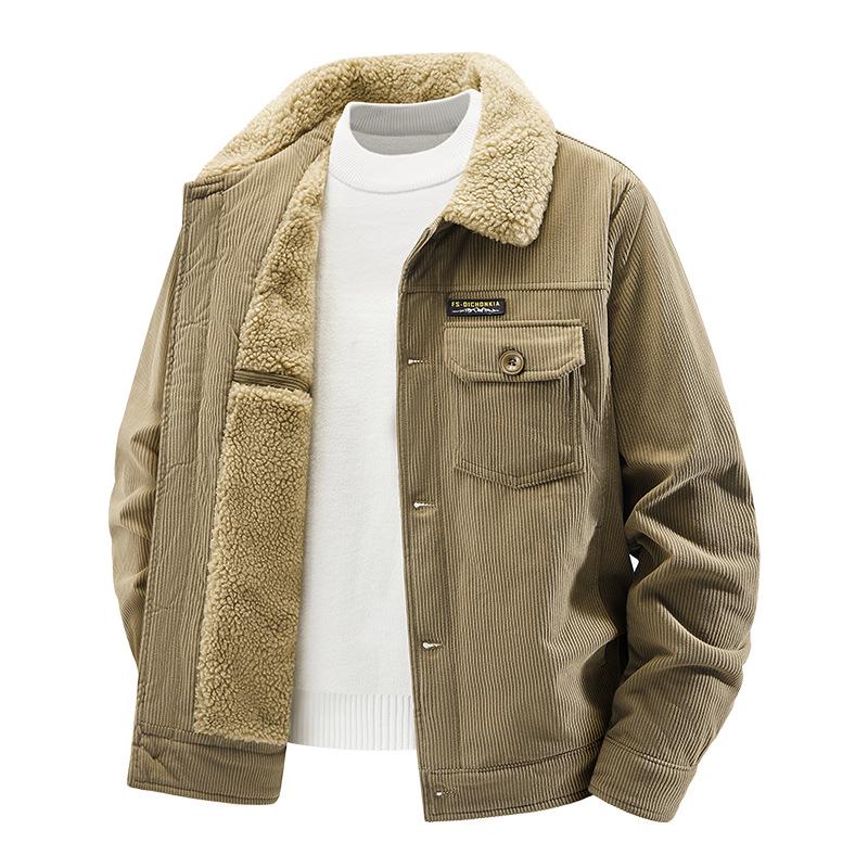 Corduroy jacket men's new thickened velvet medium loose large size solid color single-breasted cotton-padded jacket in autumn and winter