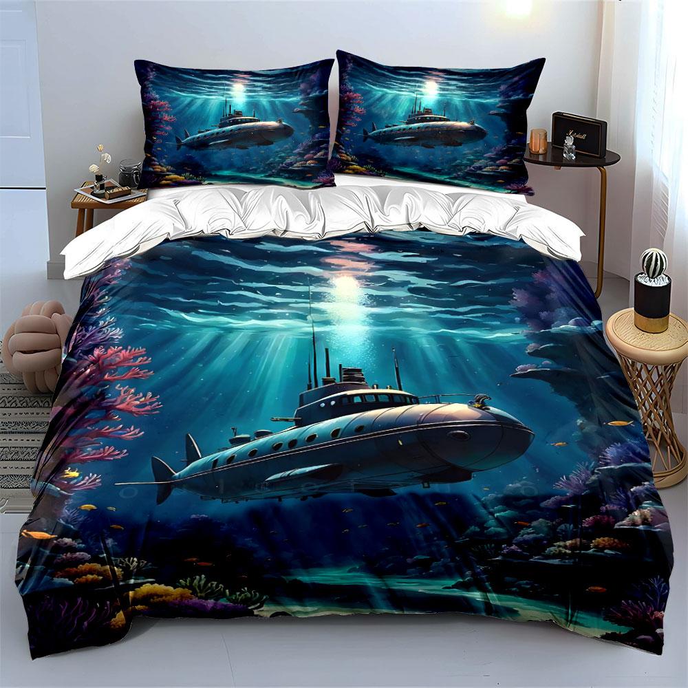 "Underwater Submarine Decor Set" Soft Skin-Friendly Bedding Set Includes 1 Duvet Cover And 2 Pillowcase, Gift