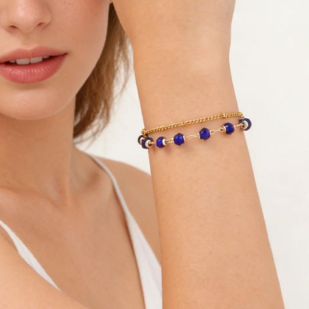 Boho Blue Crystal Beads Bracelets for Women Double Layer Thin Link Stainless Steel Bracelet Fashion Elegant Jewelry Gifts