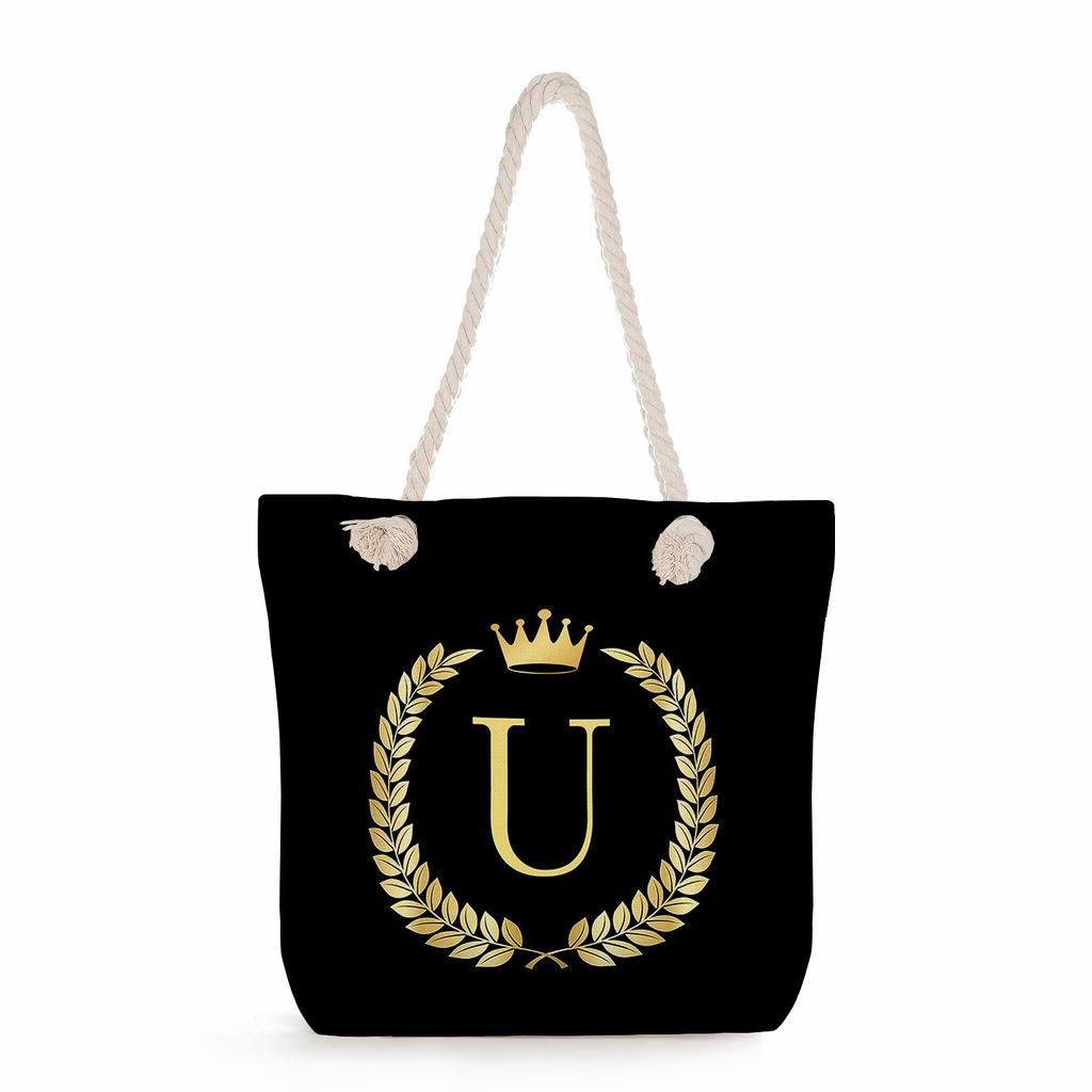Black letters on a black background print thick rope single-shoulder beach bag 7289 CLE