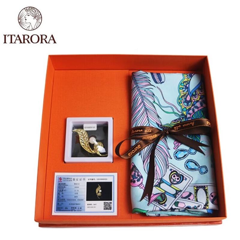 ITARORA Women's Mulberry Silk Scarf & Brooch Set