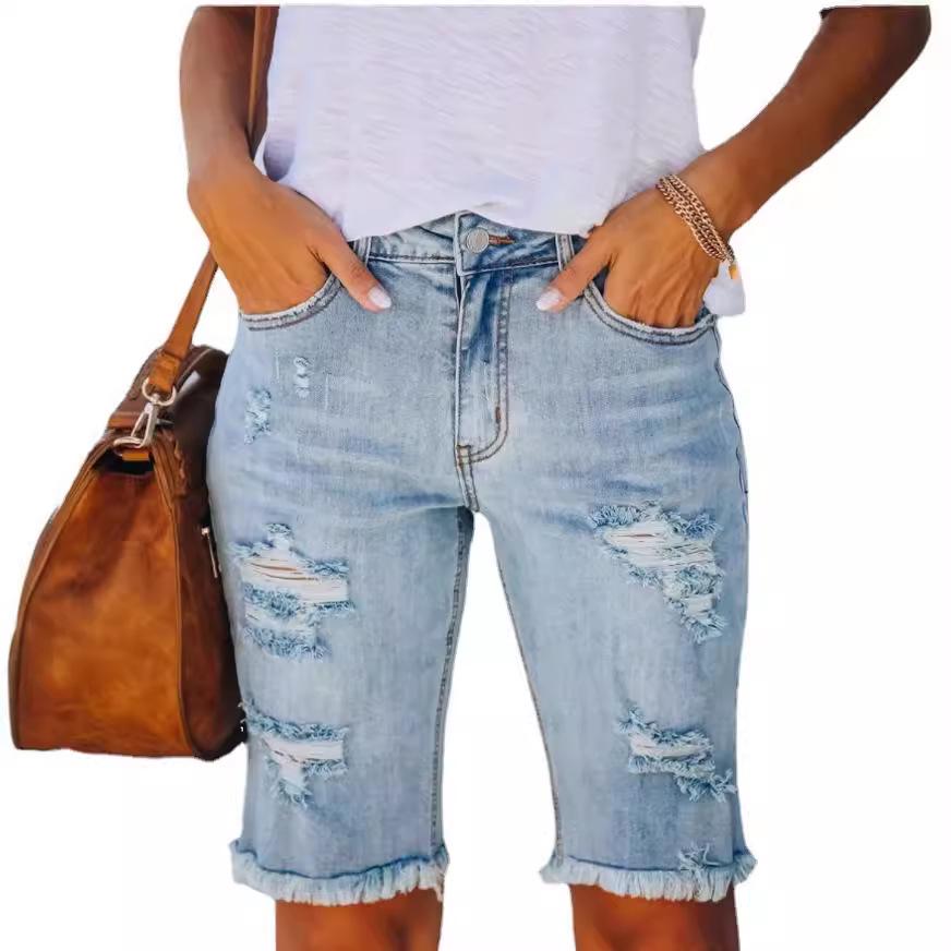 2024 Summer European and American Women's Washed Ripped Denim Shorts