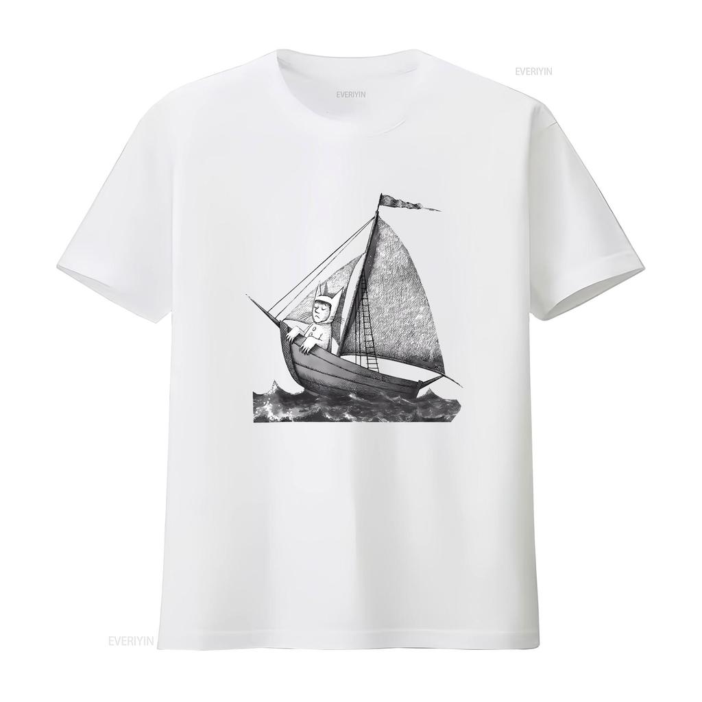 NWT Where the Wild Things Are Sailing on a Boat Funny Cool Trend T Shirt vintage Washed Casual Soft homme Breathable Stretched