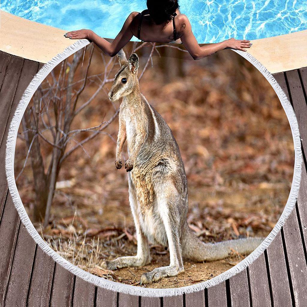Kangaroo Round Beach Towel with Tassels, Microfiber Quick Dry Beach Blanket Sand Free Quick Dry Yoga Mat Circle Swim Pool Towel