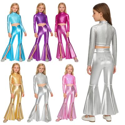 Top Cropped Metálico Lantejoulas Manga Longa Calças Flare Brilhantes Roupa para Performance de Dança