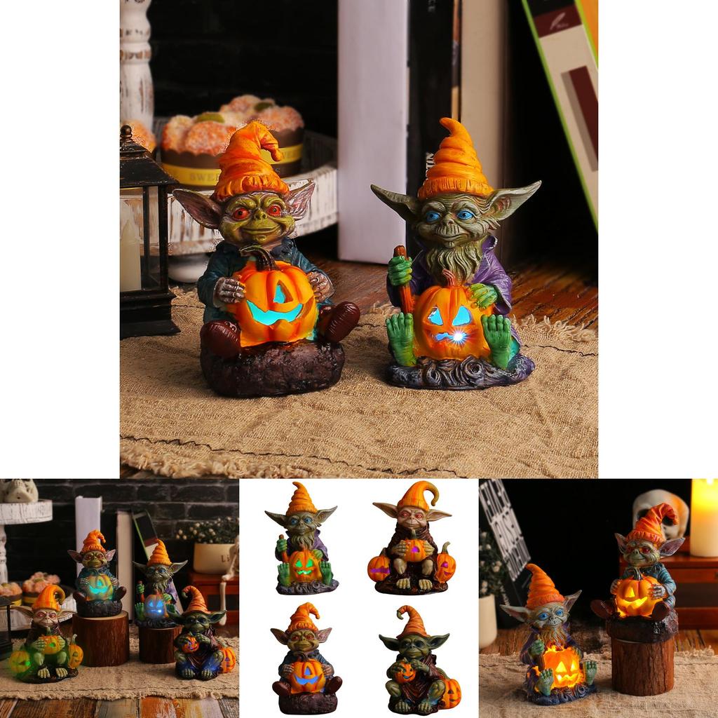 Whimsical Halloween Resin Decoration Featuring Glowing Goblin Pumpkin Lanterns For Festive Displays
