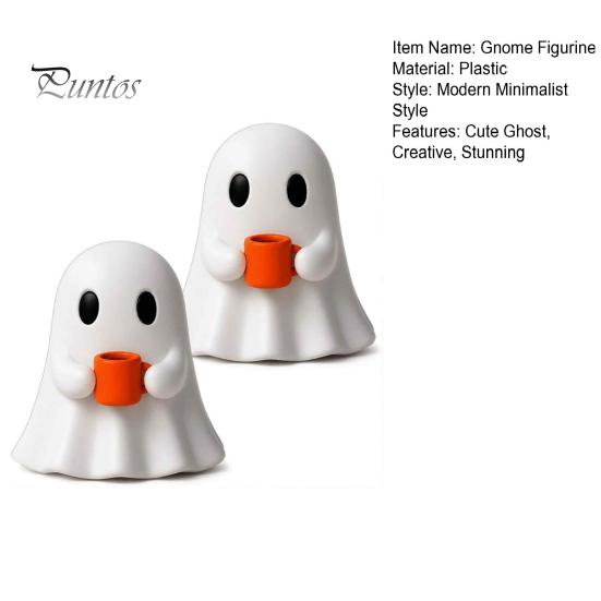 Small Gnome Statue Ghost Drinking Coffee Figurine, Cute White Holding Orange Mug Statue, Spooky Figurine Halloween Bar Decoration for Kitchen Counter,
