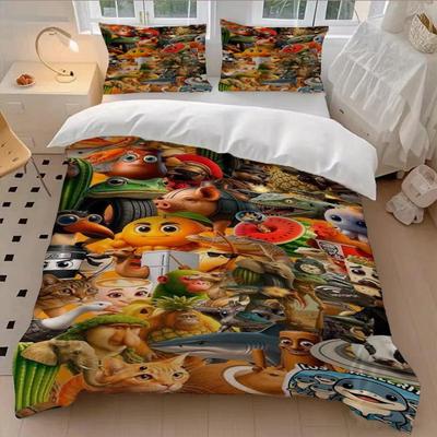 3-teiliges Brainrot Meme Puzzle Bettbezug-Set - Bettwäsche-Set für Teenager und Erwachsene, Schlafzimmerdeko, Bequem und warm,