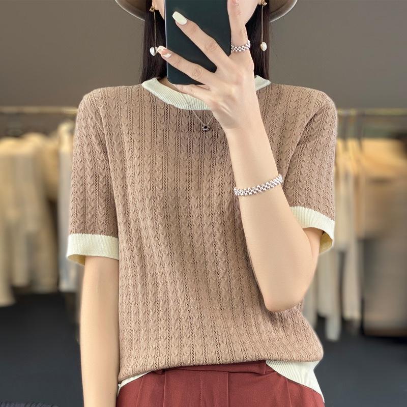 Summer Women's Ice Silk T-shirt Contrast Knit Short Sleeve Shirt Five-quarter Sleeve Hollow Out Lightweight Top Crew Neck Tee