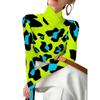 Women's Cross V-neck Semi-turtleneck Long-sleeved T-shirt, Fluorescent Bright Color Contrasting Leopard Print Design