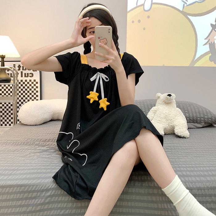 

Женская хлопковая пижама в корейском стиле - Летняя с коротким рукавом, ночная сорочка средней длины, большого размера (До 220 фунтов), Милый и милый дизайн 5XL
