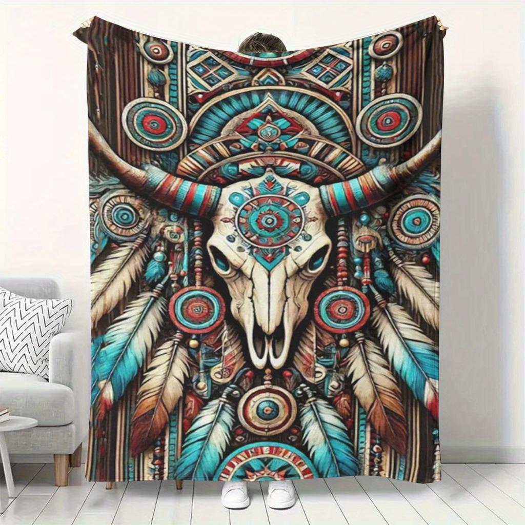 Vintage Bull Skull with Native American Feather Headdress Pattern Flannel Blanket, All-Season Soft Flannel Printed Throw Blanket, Small Flannel Coverl