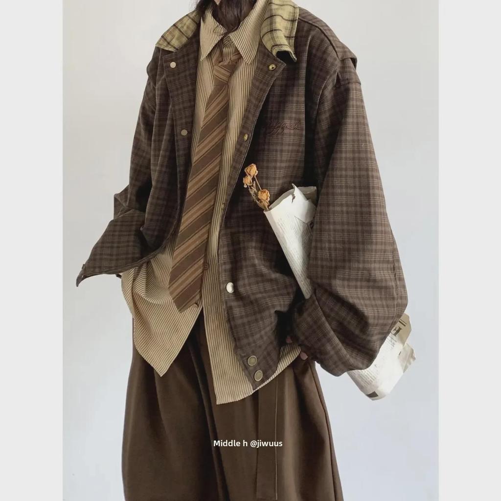 Unisex Retro Plaid Bestickte Jacke - Herbst Loose Fit Casual Revers