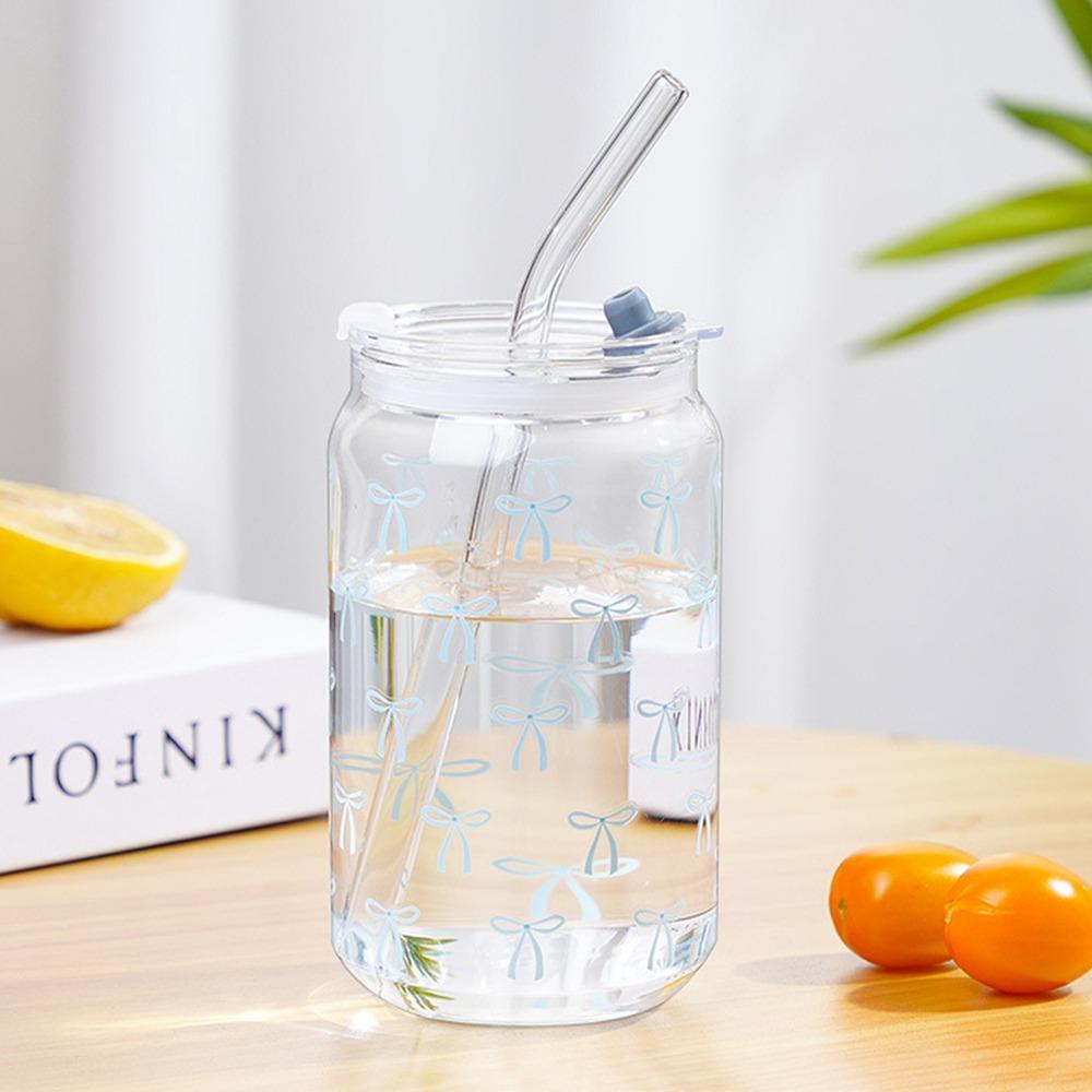 Stylish 500ML Bow Cups High Temperature Resistant With Lids Bowknot Glasses Glass Straw Cups for Drinking Milk