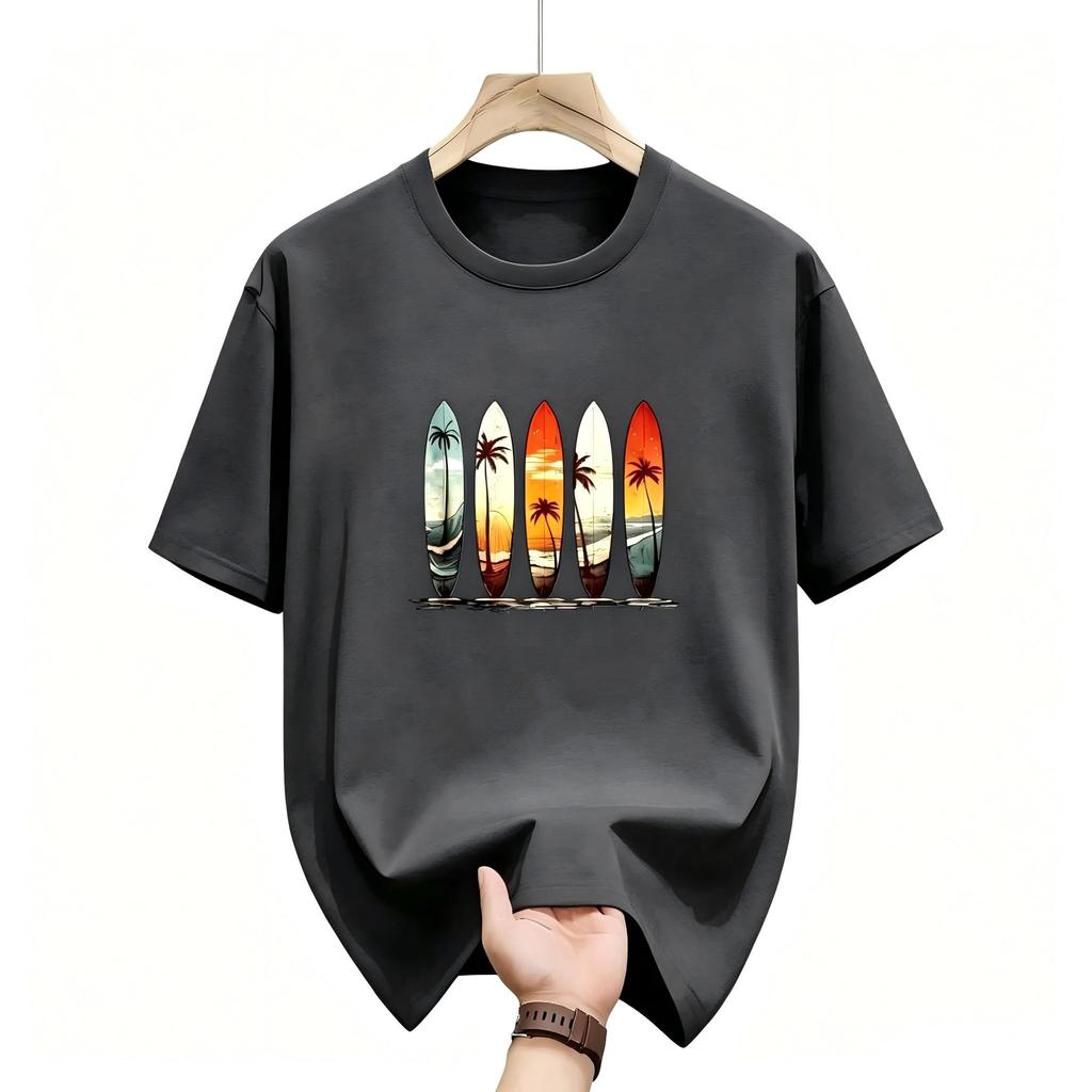 Summer American Unisexs Beach Surfboard Sunset Scenery Print Soft and Breathable Round Neck Tshirt Outdoor Casual Top