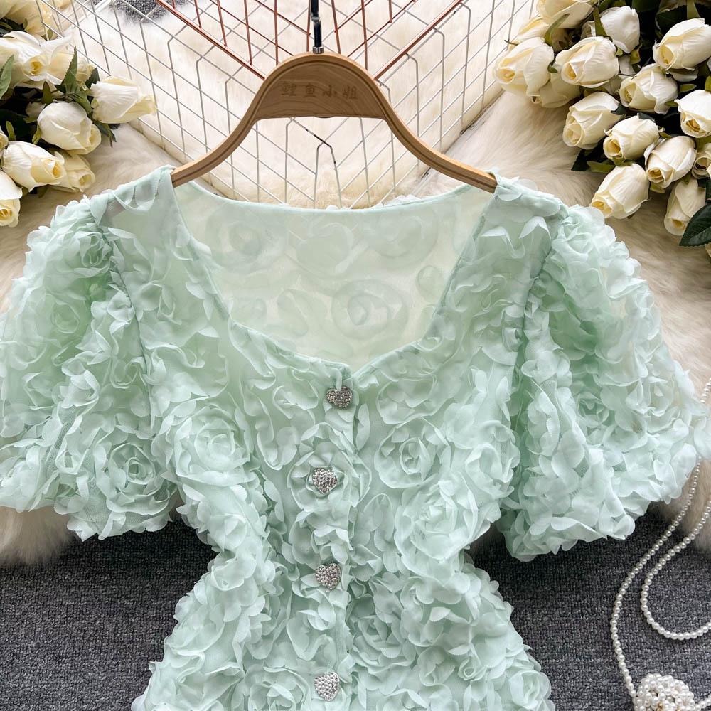RUGOD Niche Design Sense Mesh Flower Kort Temperament-skjorte for kvinner Sommer Ny Slim Enkeltspente All-Match-topp