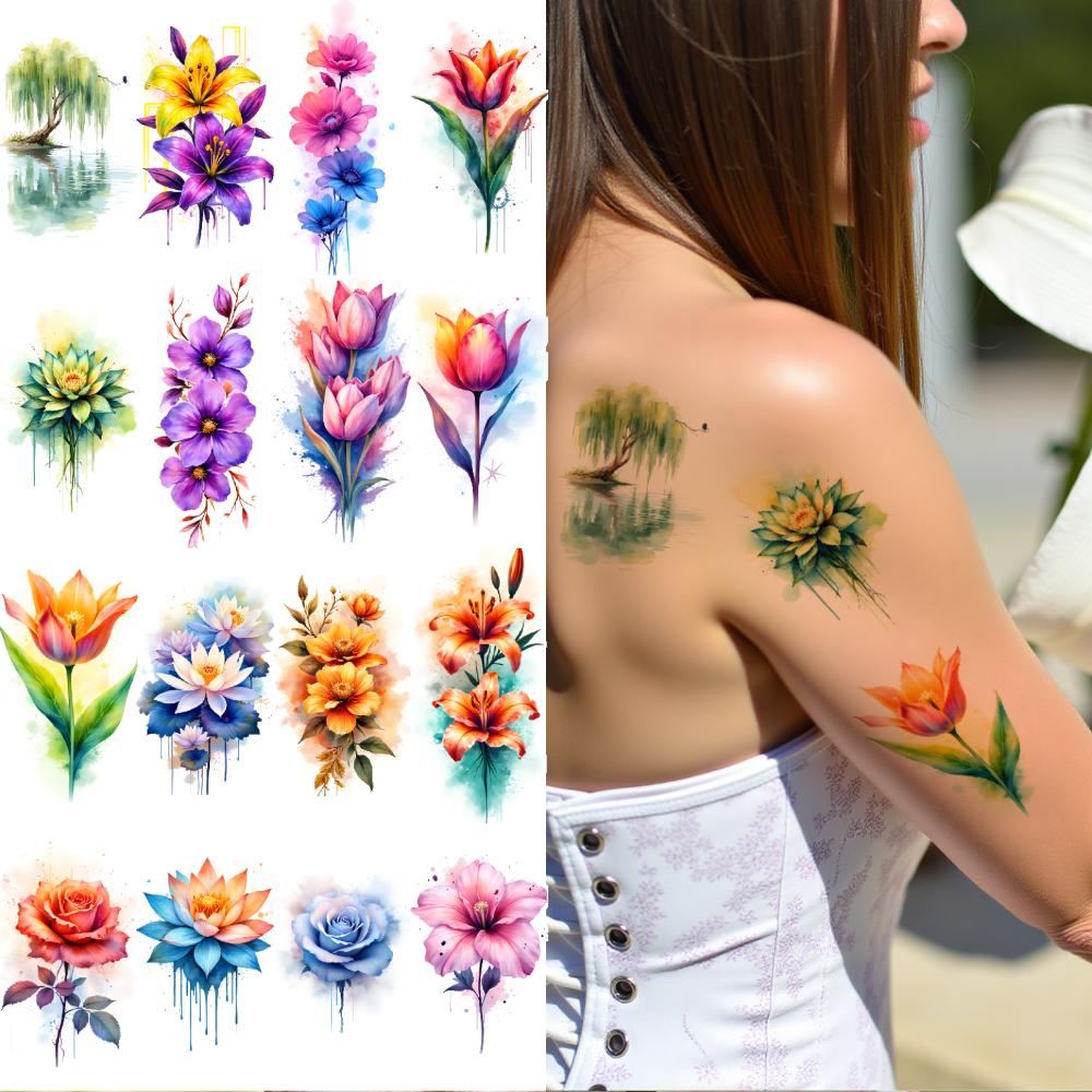 9 stuks Tijdelijke Tatoeages Waterdicht Langdurig Body Stickers Roze Bloemen Oranje Bloemen Rode Rozen Voor Meisjes Dames Schouders