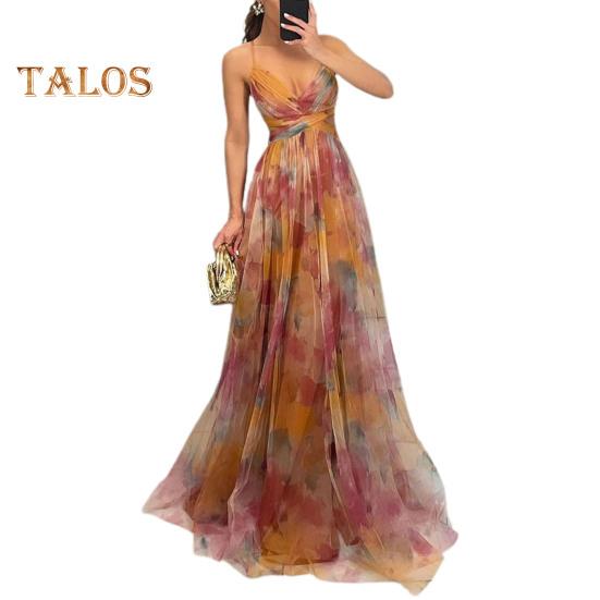 

Женское вечернее платье из сетки с красочным принтом и низким вырезом, без рукавов, с открытой спиной, на тонких бретельках, плиссированное, трапециевидной формы, длиной до пола, с узкой талией M