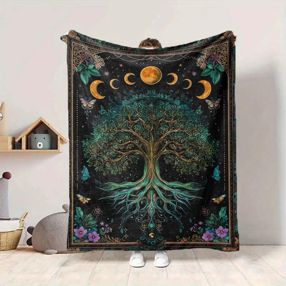 1Pc Tree Life Moon Phases Blanket Soft And Comfortable Casual Warm Camping Travel Christmas Halloween Xmas Gift M924455
