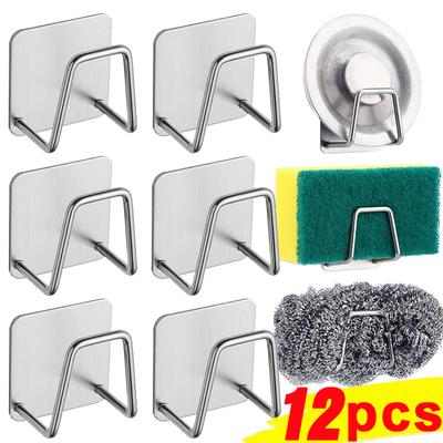 12PCS Kitchen Sink Sponges Holder Stainless Steel Self Adhesive Sink Drain Racks Shelf Household Wall Hooks Storage Organizer