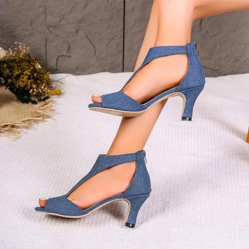 Fashion Women Denim Rome Sandals High Heels Sexy Women Summer Designer Party Shoes Dress Open Toe Slippers  Brand Slides Femme Pumps