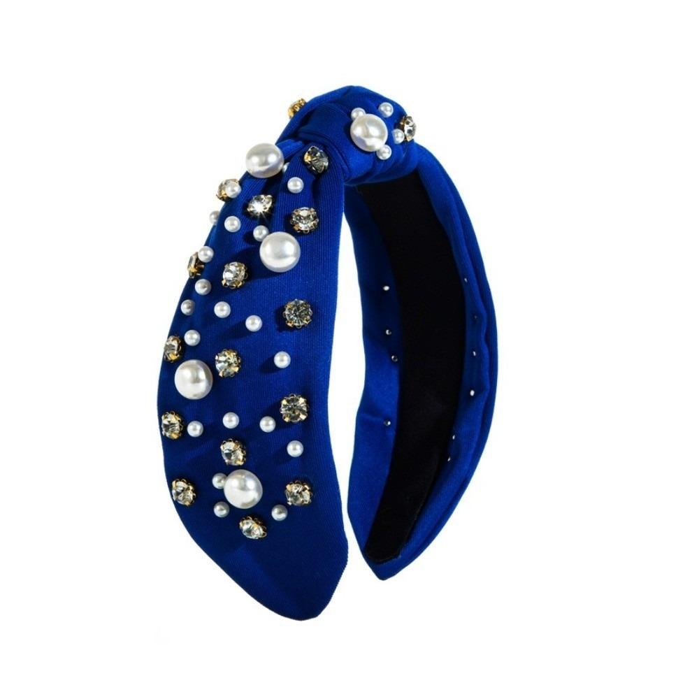 Nail Pearl Head Hoop Wide Edge Baroque Headband Luxury Rhinestone Pearl Hairband Adult синий