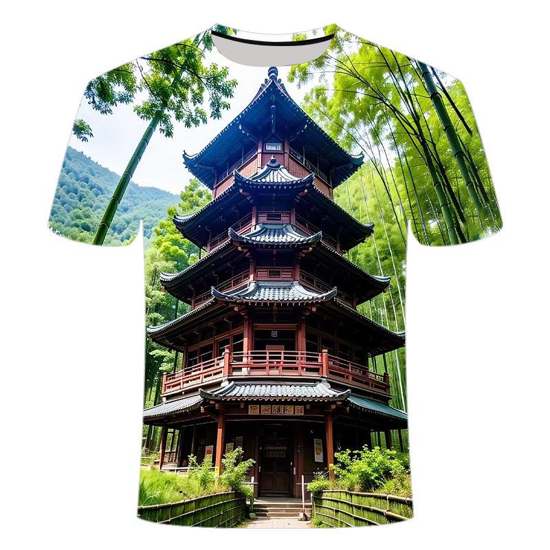 2024 summer new 3D printed short sleeved personalized creative trend bamboo forest series men's and women's round neck T-shirt