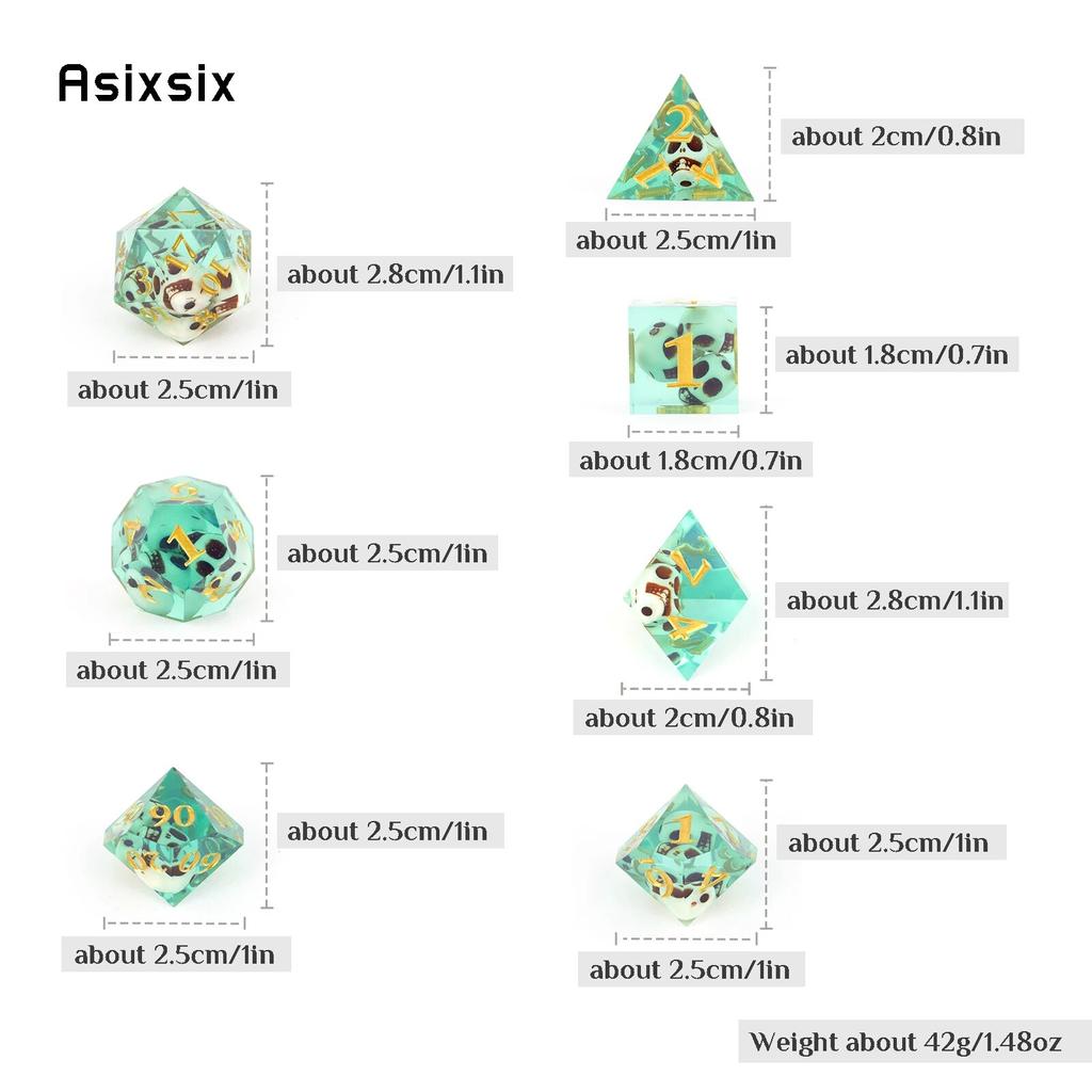 7 Pcs Green Skull Resin Golden Number Sharp Edge Dice Polyhedral Dice Suitable for Role-Playing RPG  Board Game Card Game