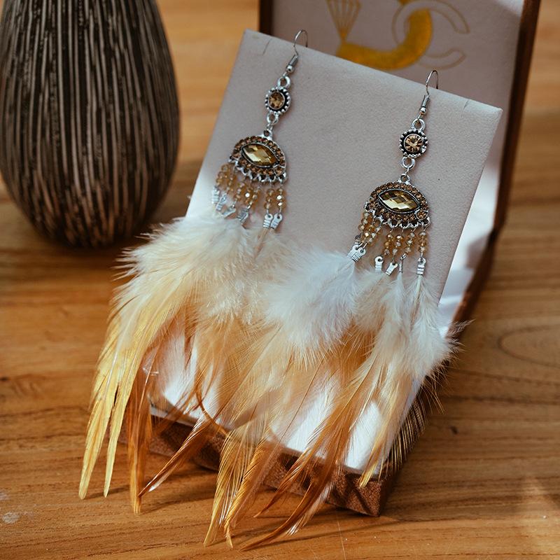 Super Long Exaggerated Irregular Feather Earrings for Women Fashion Boho Colorful Rhinestone Crystal Bead Dangle Earring Jewelry