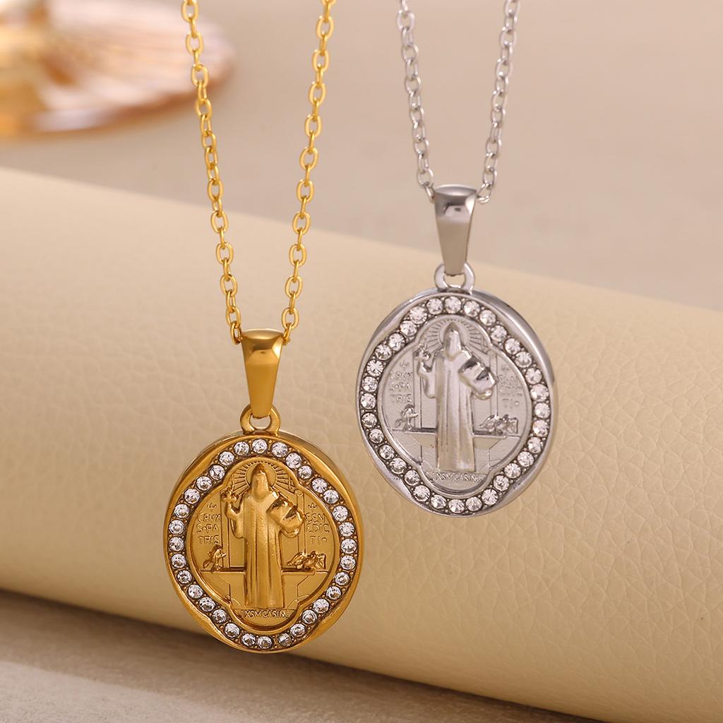 Virgin Mary Pendant With Diamonds Necklace For Women Gold Color Medal Charm Stainless Steel Religious Punk Jewelry Easter Gift