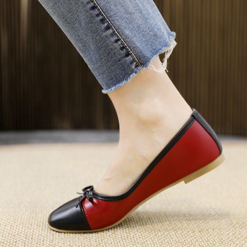 Shoes for Women 2025 Round Toe Cute Low Heel Elegant Ladies Summer Footwear White Red with Bow Moccasins Kawaii Korean Style E