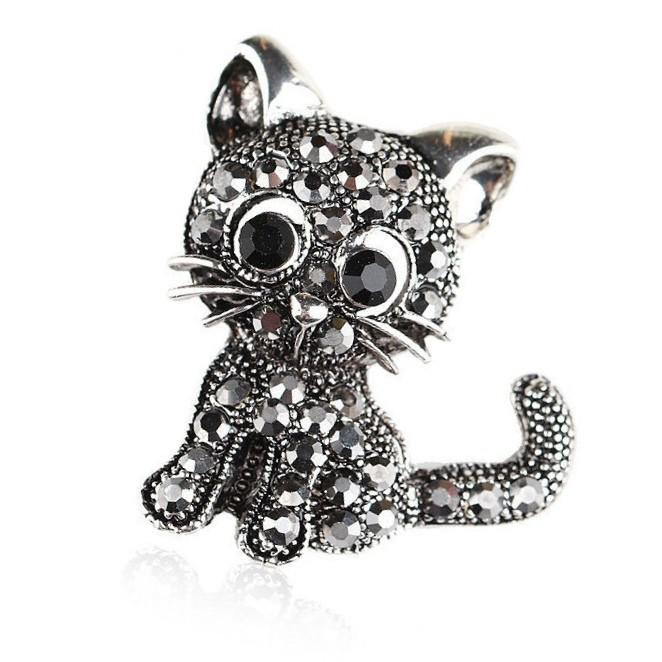 

Винтажная брошь-котенок со стразами - Модный ювелирный аксессуар античный серебряного