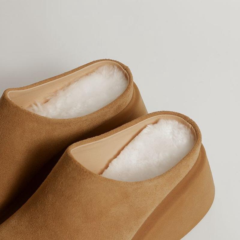 Fashion Women's New Leather Cow Suede Thick Soled Waterproof Platform High Heels, Warm Wool Boken Shoes, Shallow Mouth Mueller Shoes