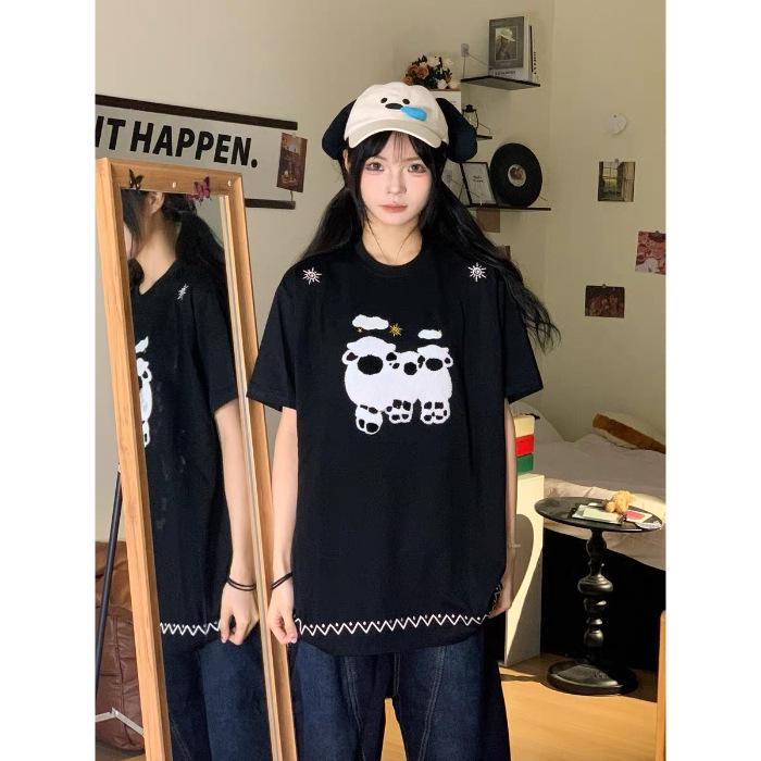 

Милая мультяшная овечка, хлопковая футболка оверсайз с коротким рукавом для женщин - летний ленивый стиль Large чёрный