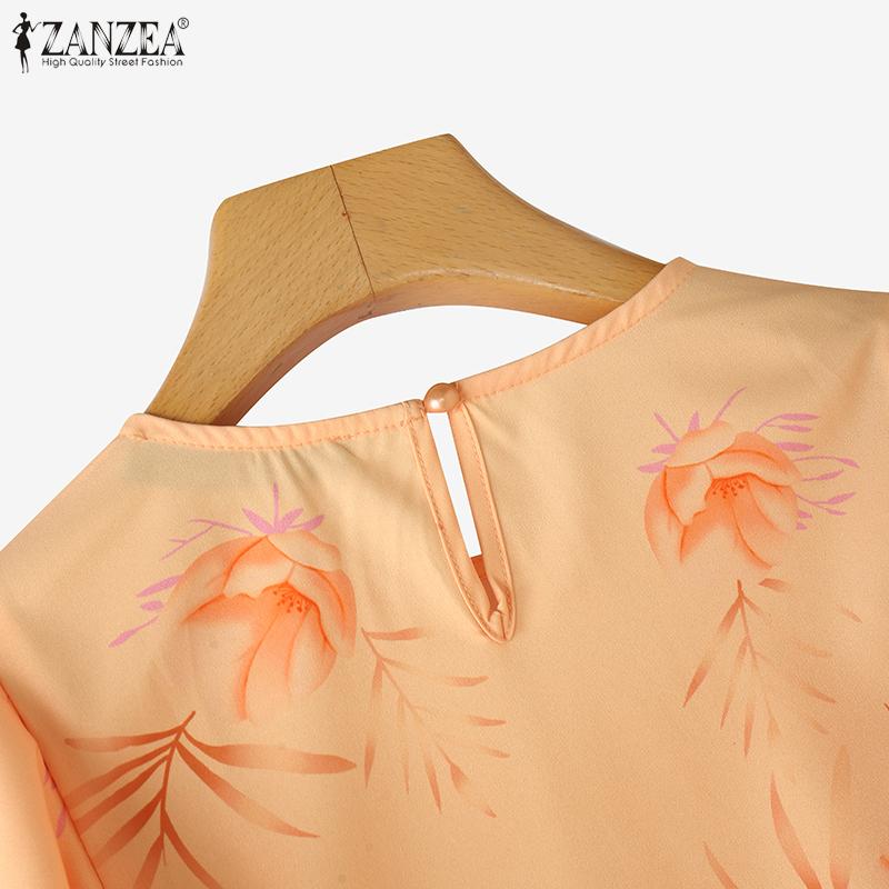 ZANZEA Women Casual Round Neck Ruffles Short Sleeve Loose Print Blouse